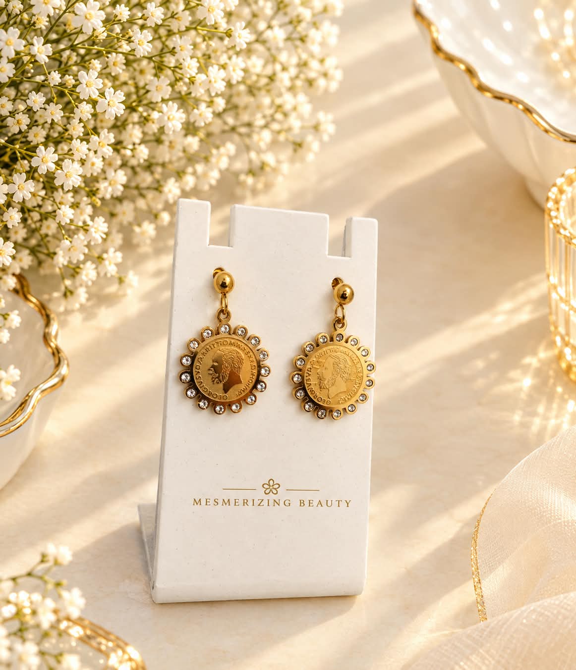 Gold-Toned Ornamental Medallion Drop Earrings