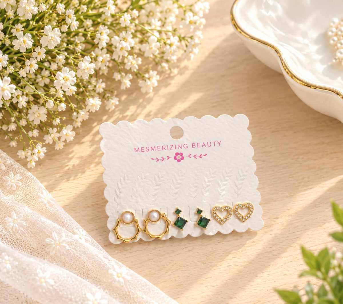 Circle, Green Accent and Heart Stud Earring Set (3 Sets)