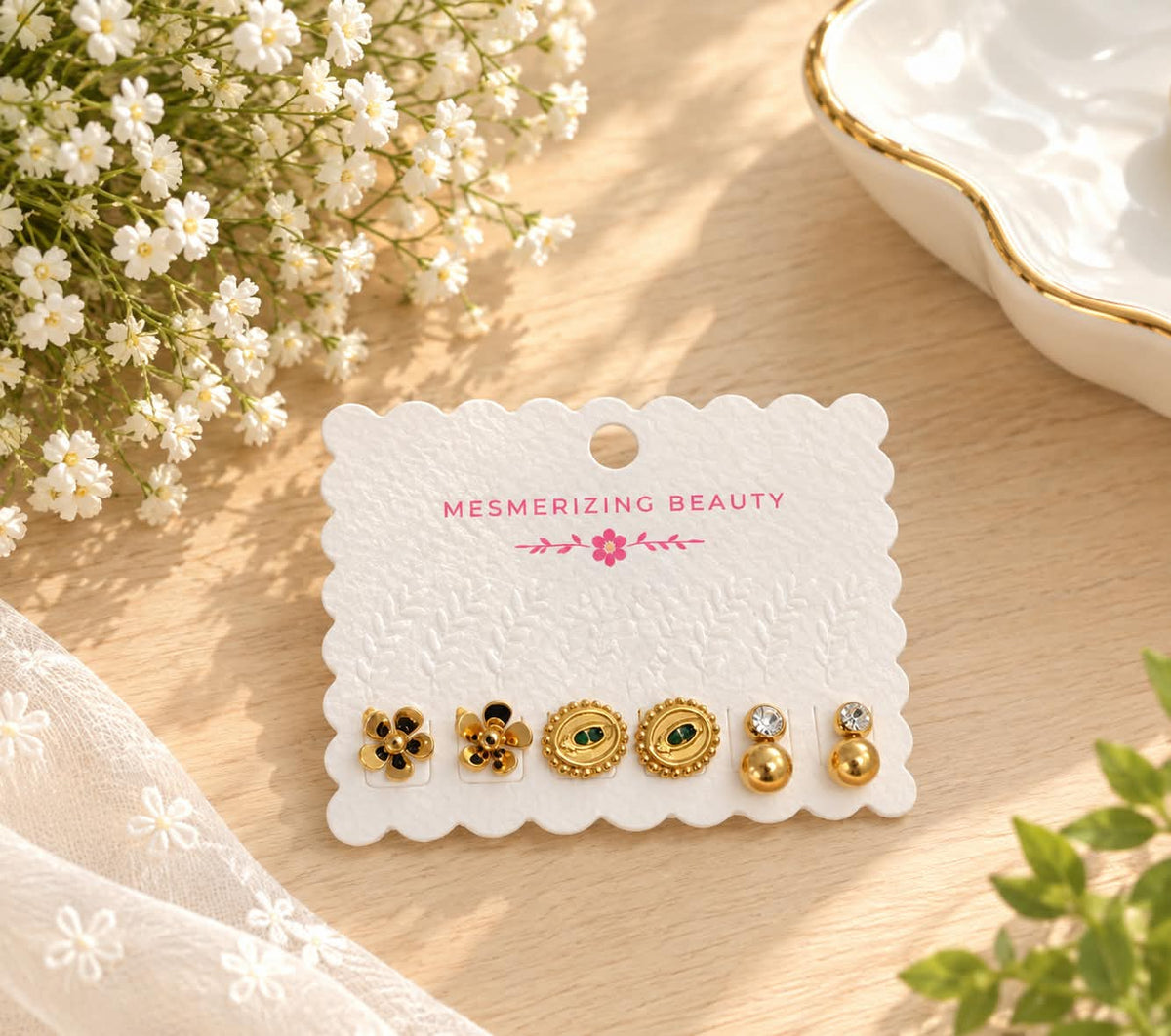 Floral, Green Round and Ball Stud Earring Set (3 Sets)