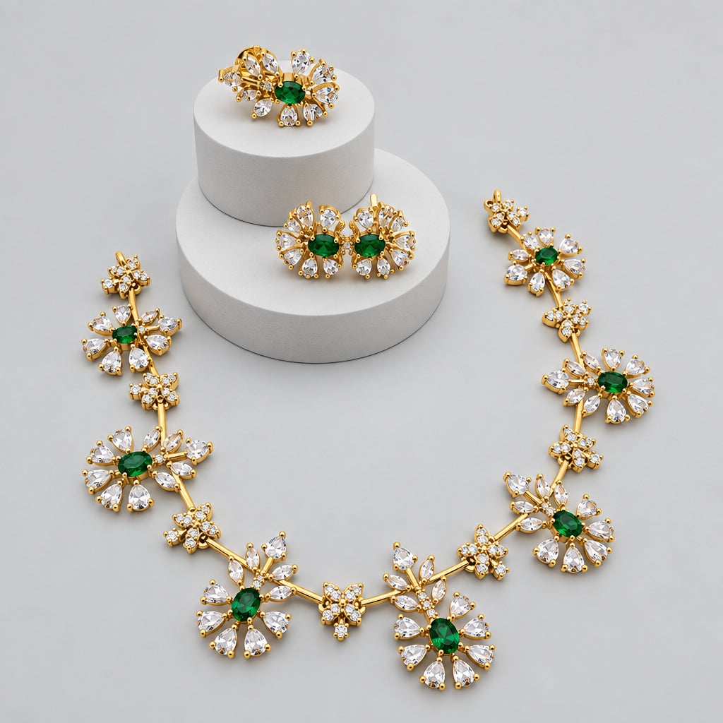 Emerald AD Stone Bloom Necklace Set