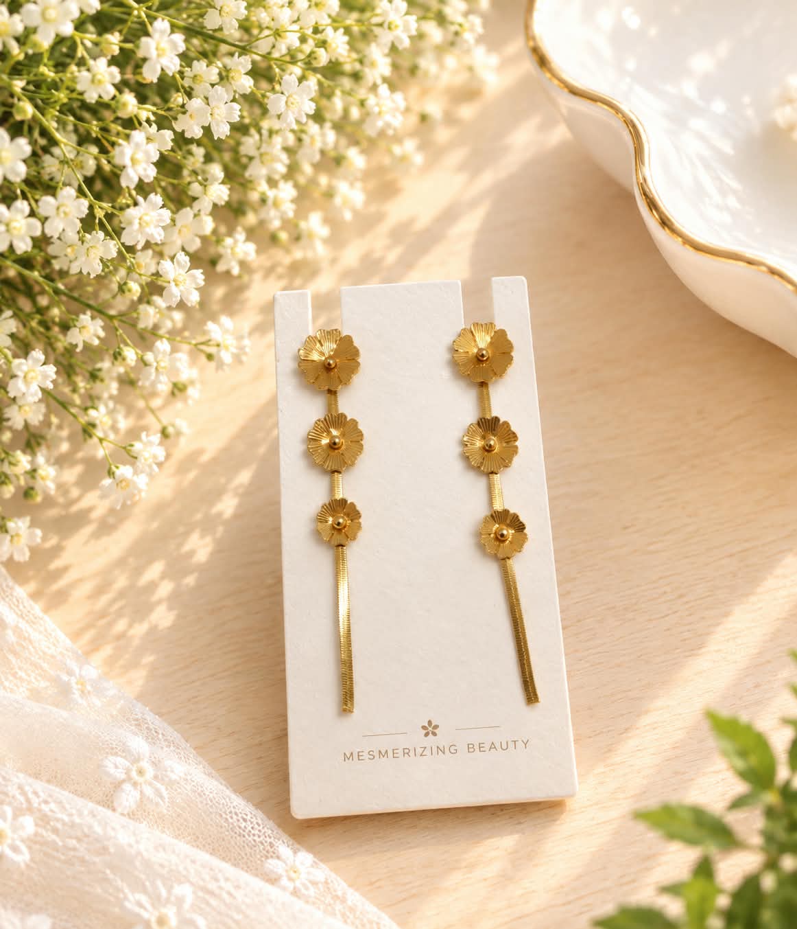 Gold-Toned Triple Flower Bar Drop Earrings