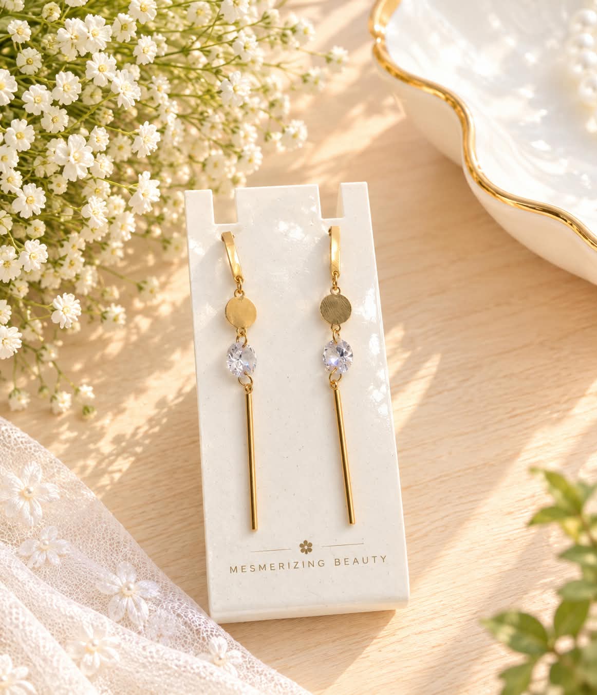Gold-Toned Long Bar Earrings with Clear Stones