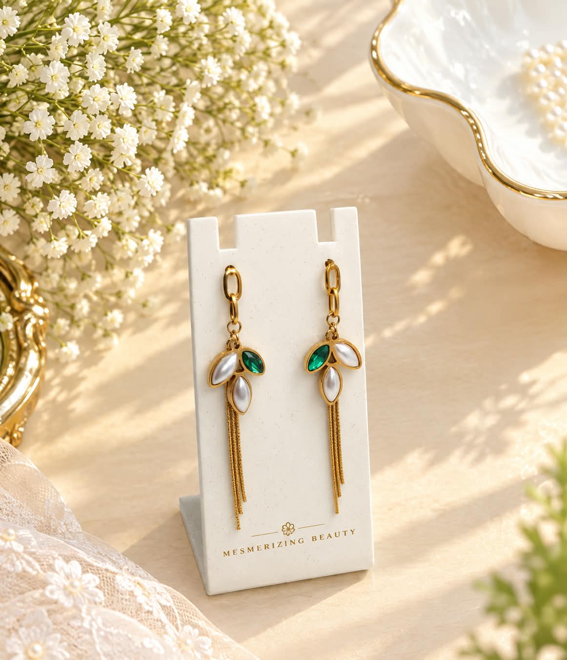 Gold-Toned Green Accent Loop and Tassel Earrings