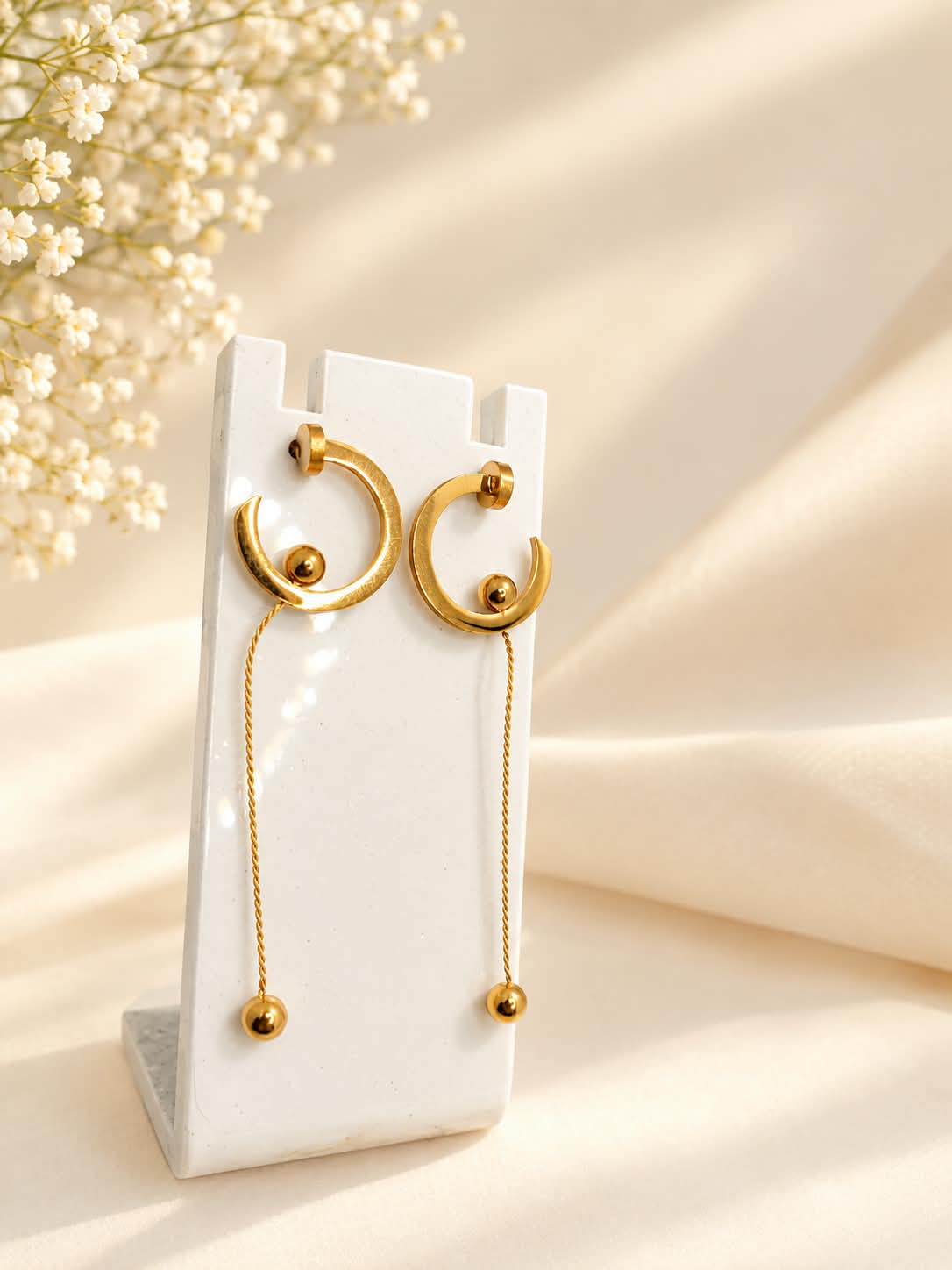 Gold-Toned Crescent and Long Chain Drop Earrings