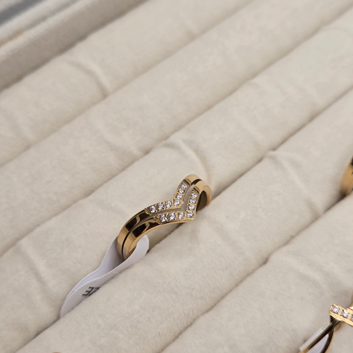 Gold-Toned Chevron Ring with Clear Stone Details