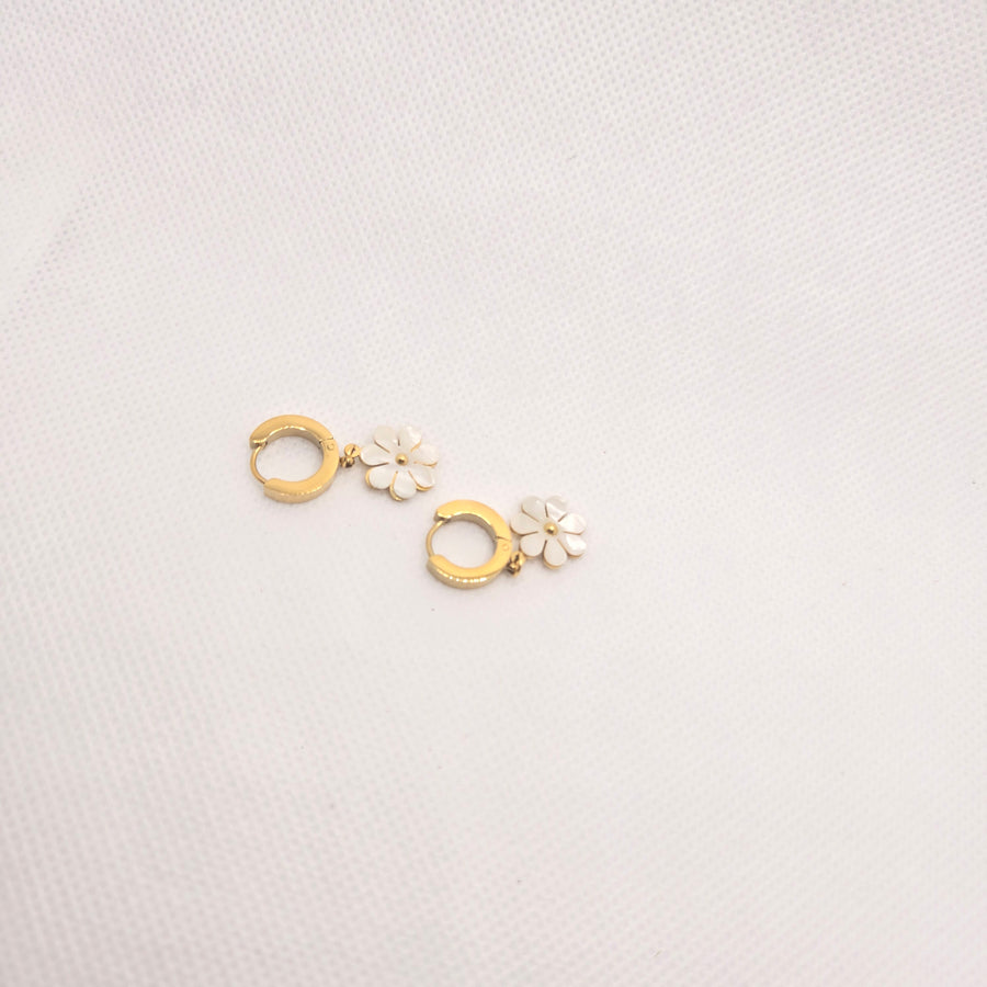 White Flower and Gold-Toned Ring Drop Earrings