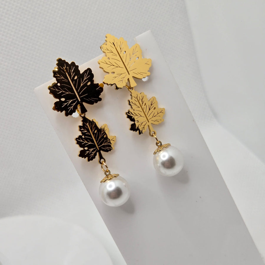 Gold-Toned Leaf and Pearl-Look Drop Earrings