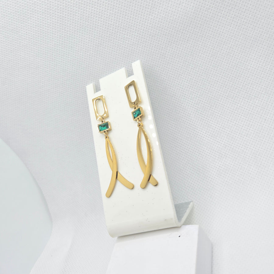 Gold-Toned Curved Drop Earrings with Green Accents