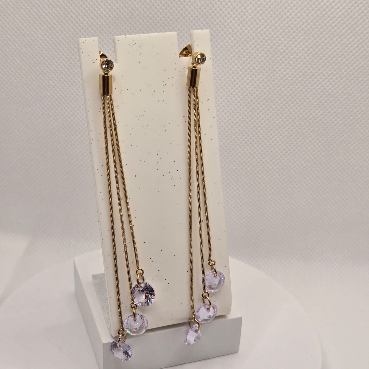 Gold-Toned Long Chain Earrings with Lilac Drops