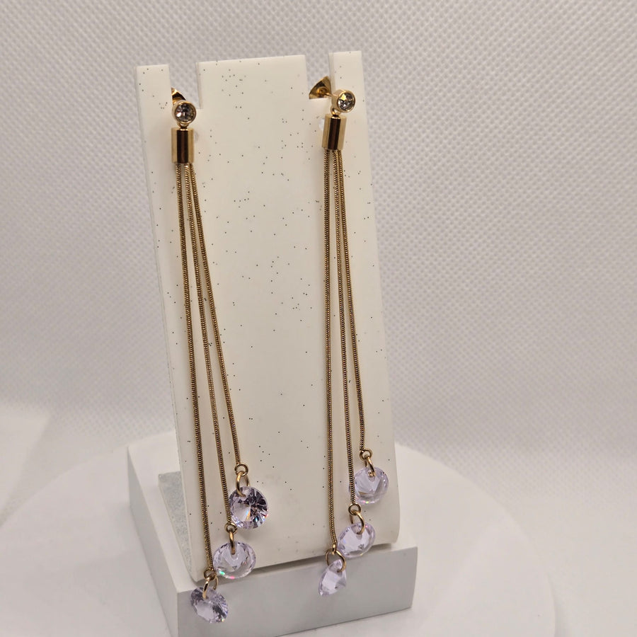 Gold-Toned Long Chain Earrings with Lilac Drops