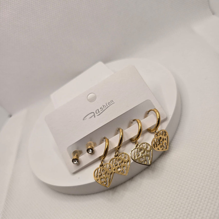 Gold-Toned Heart Charm Hoop and Stud Earring Set