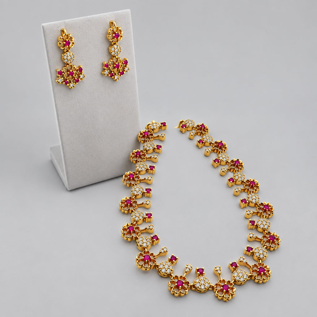 Ruby Floral Cluster Necklace Set