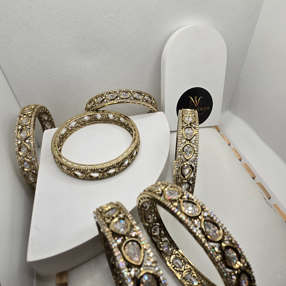 Antique Gold-Plated Kundan & AD Stone Bangles (2 Pieces)