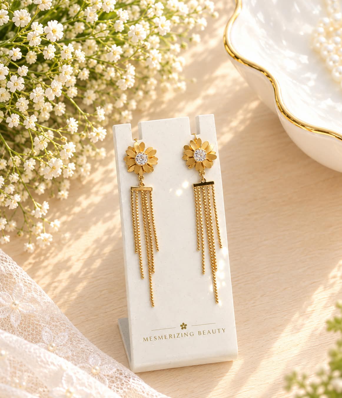 Gold-Toned Floral Chain Tassel Earrings