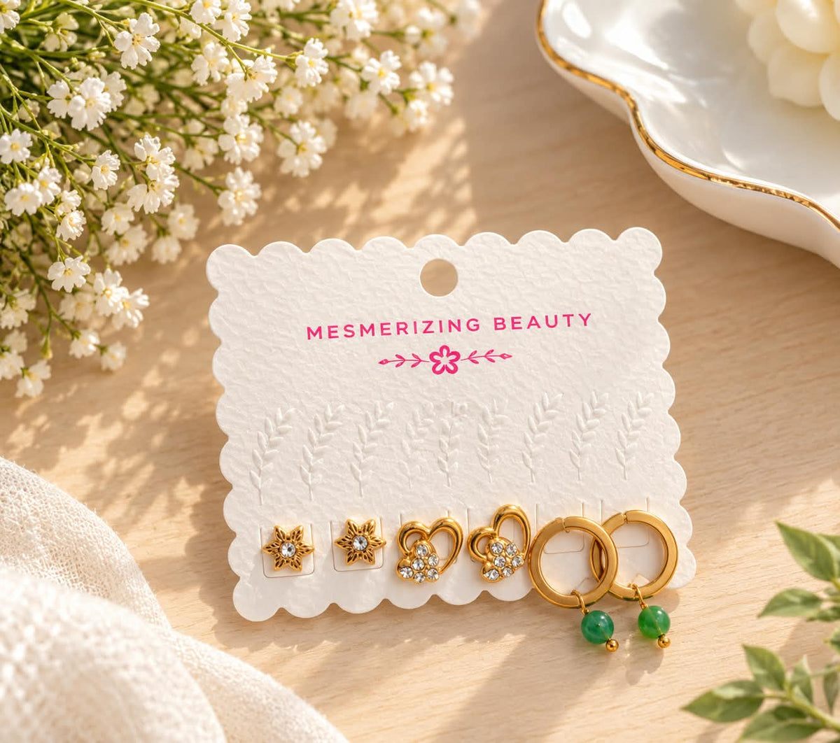 Star, Green Accent and Oval Stud Set (3 Sets)